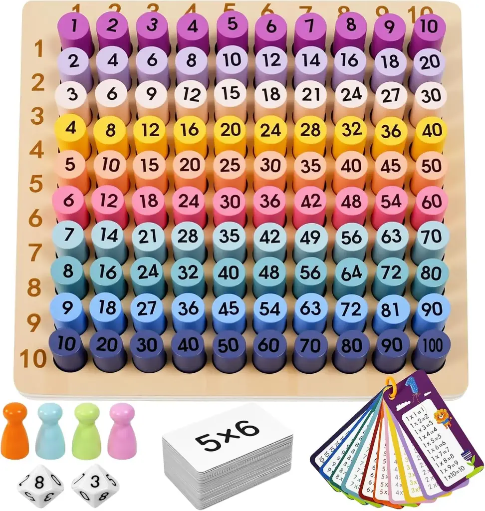 Multiplication Board Game, Math Manipulative Set with Flash Cards for Fun Learning