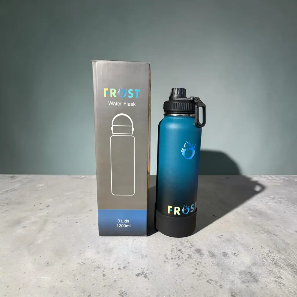 FROST Stainless Steel SUS304, Vacuum Insulated Sport Water Bottle with Silicon Boot, 3 lids and 2 straws with straw cleaning brush - 1200ml - Black Blue
