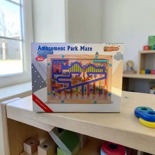 [PO-P032] Amusement Park Maze Game for Kids – Wooden Montessori Learning Toy with Magnetic Stylus, Counting & Color Recognition, Fine Motor Skills, Focus & Problem Solving