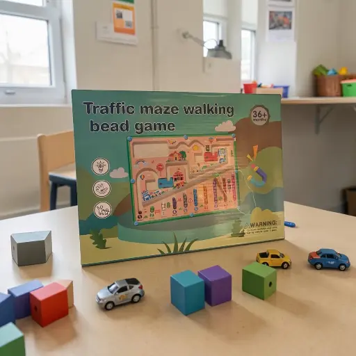 [PO-P075] Traffic Maze Walking Beads Game for Kids – Wooden Montessori Learning Toy with Magnetic Stylus, Counting & Colour Recognition, Fine Motor Skills, Focus & Problem Solving