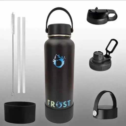 [PO-P078] FROST Stainless Steel SUS304, Vacuum Insulated Sport Water Bottle with Silicon Boot, 3 lids and 2 straws with straw cleaning brush - 1200ml - Black
