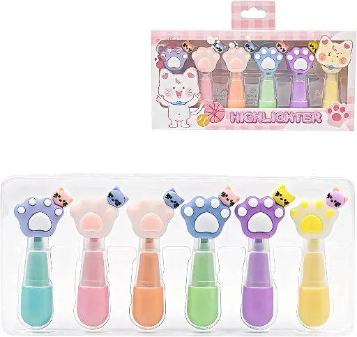 [PO-P188] Cute Cat Paw Highlighter Set, Pastel Colors, 6 Pack, 7cm Mini Kawaii Markers for Kids, School Supplies and Bullet Journaling