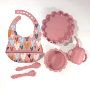 Silicon Baby Feeding Set (6 pcs) - Suction Plate, Bowl, Sippy Cup, Spoon and fork, Bib, BPA and PVC free