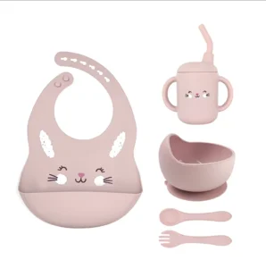 Silicon Baby Feeding Set (5 pcs) - Suction Bowl, Sippy Cup, Spoon and fork, Bib, BPA and PVC free